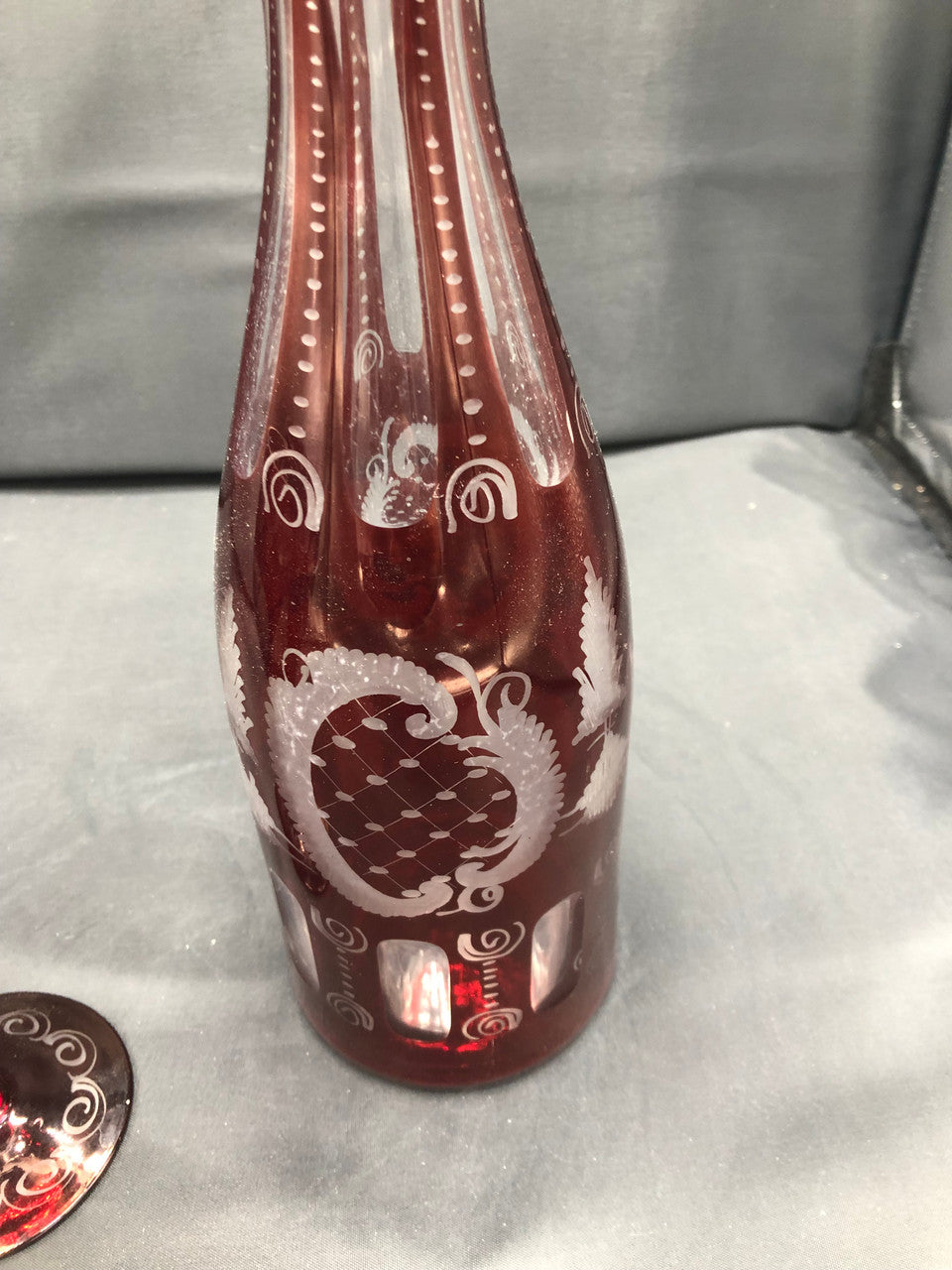 Bohemian Red Cut Glass Decanter w/ stopper & 2 glasses