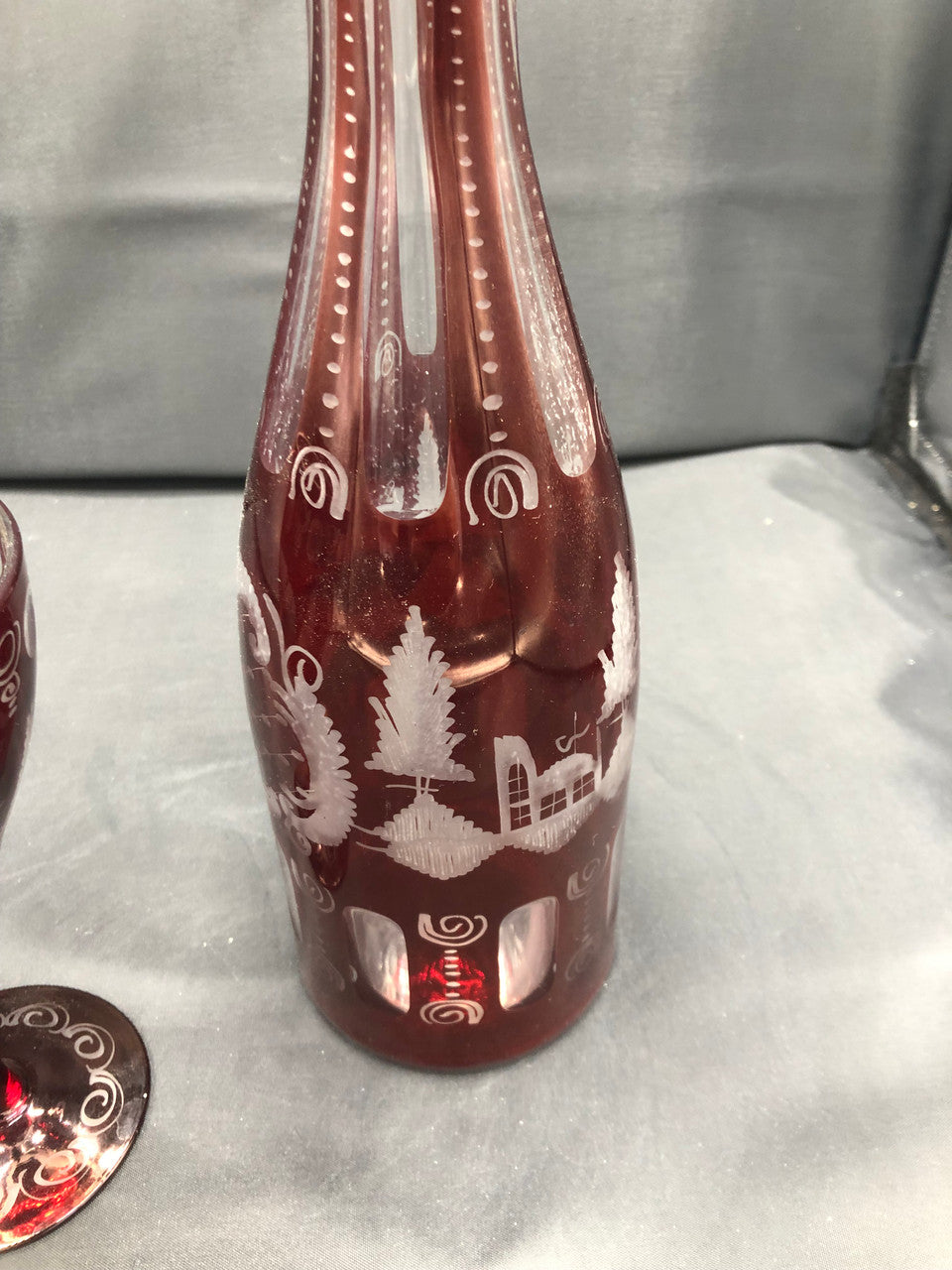 Bohemian Red Cut Glass Decanter w/ stopper & 2 glasses