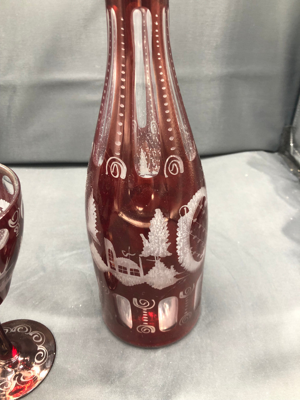Bohemian Red Cut Glass Decanter w/ stopper & 2 glasses