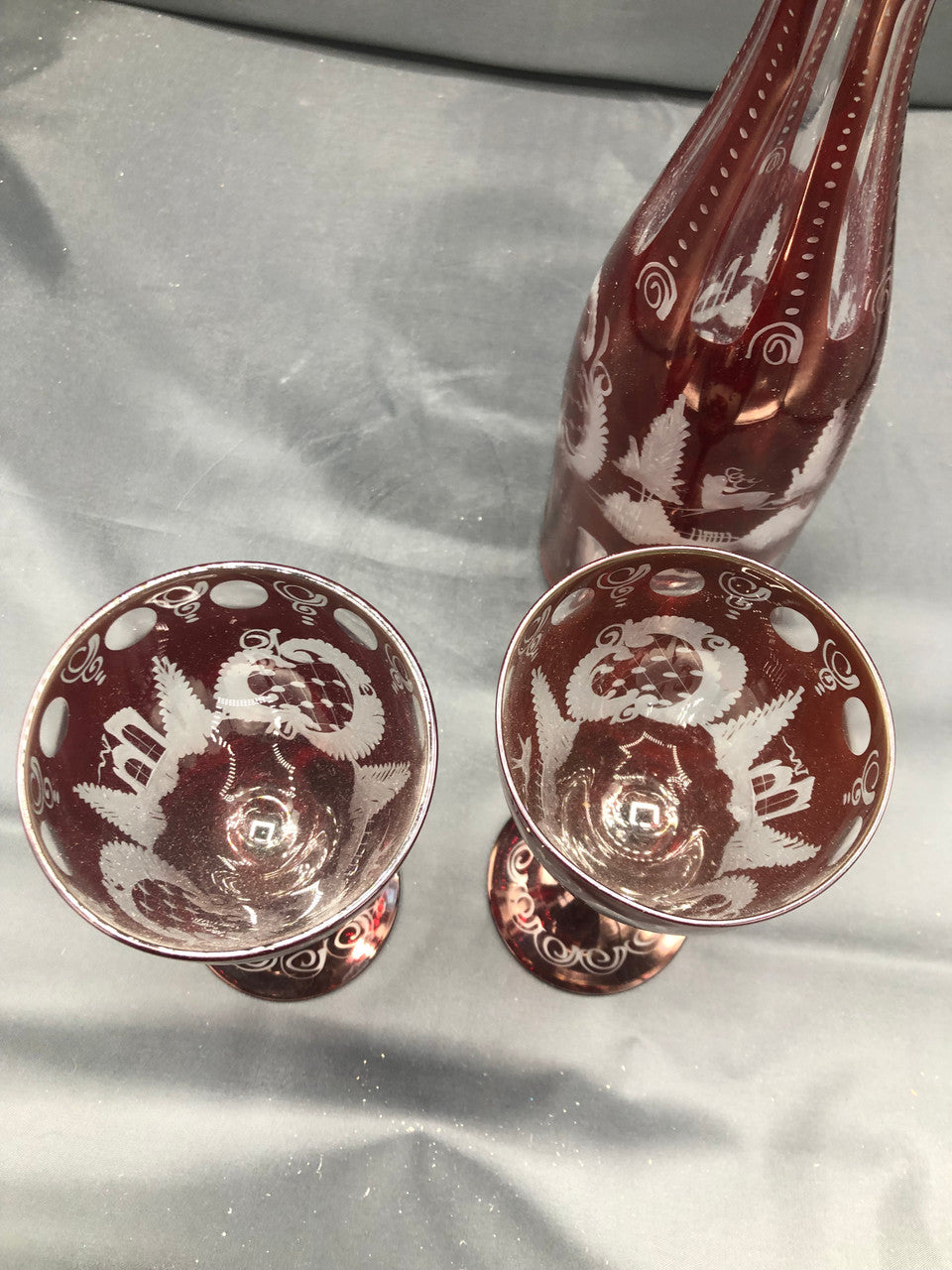 Bohemian Red Cut Glass Decanter w/ stopper & 2 glasses