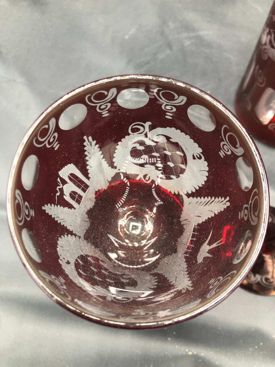 Bohemian Red Cut Glass Decanter w/ stopper & 2 glasses