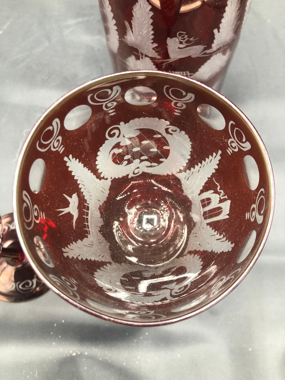 Bohemian Red Cut Glass Decanter w/ stopper & 2 glasses