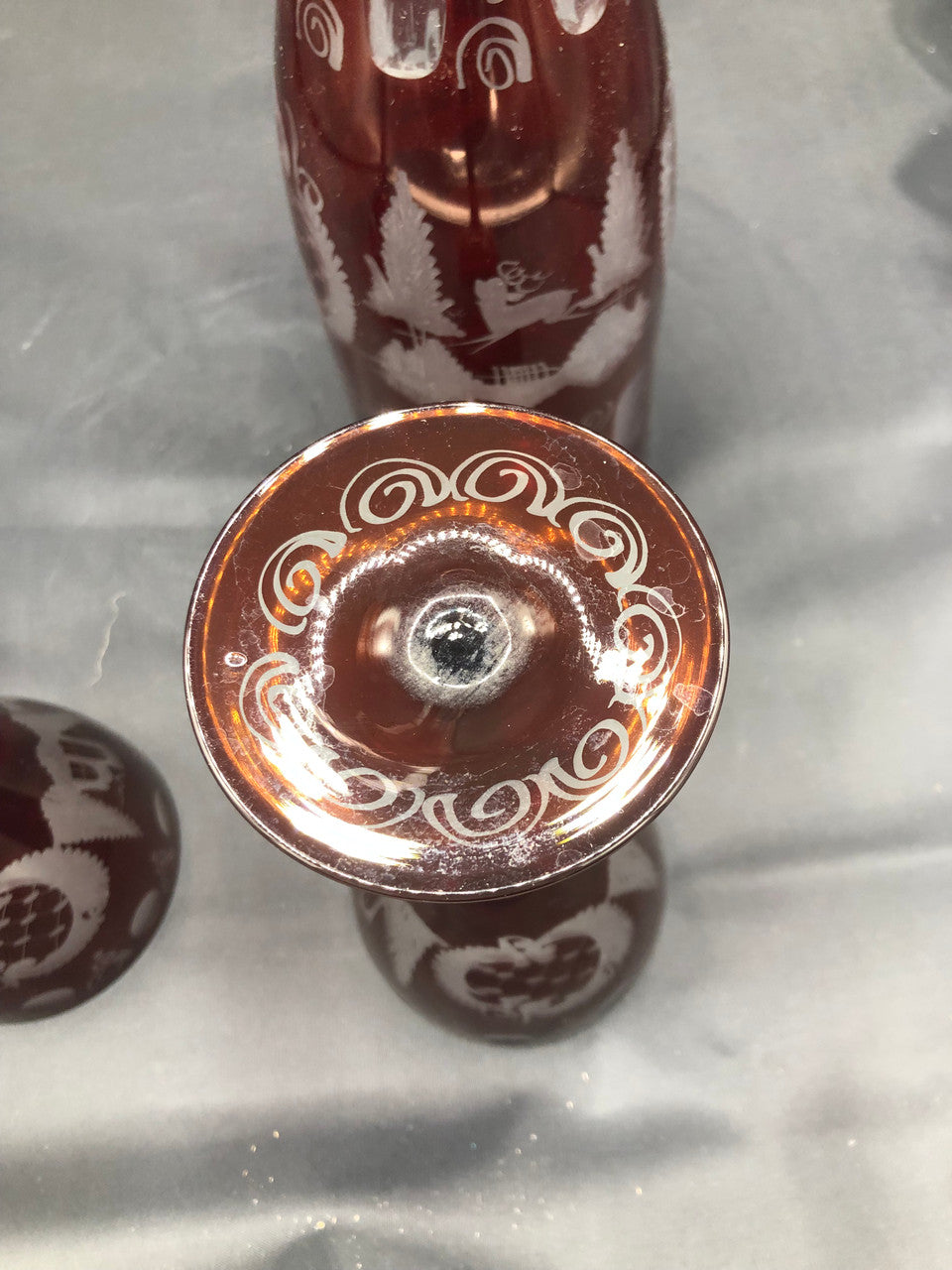 Bohemian Red Cut Glass Decanter w/ stopper & 2 glasses