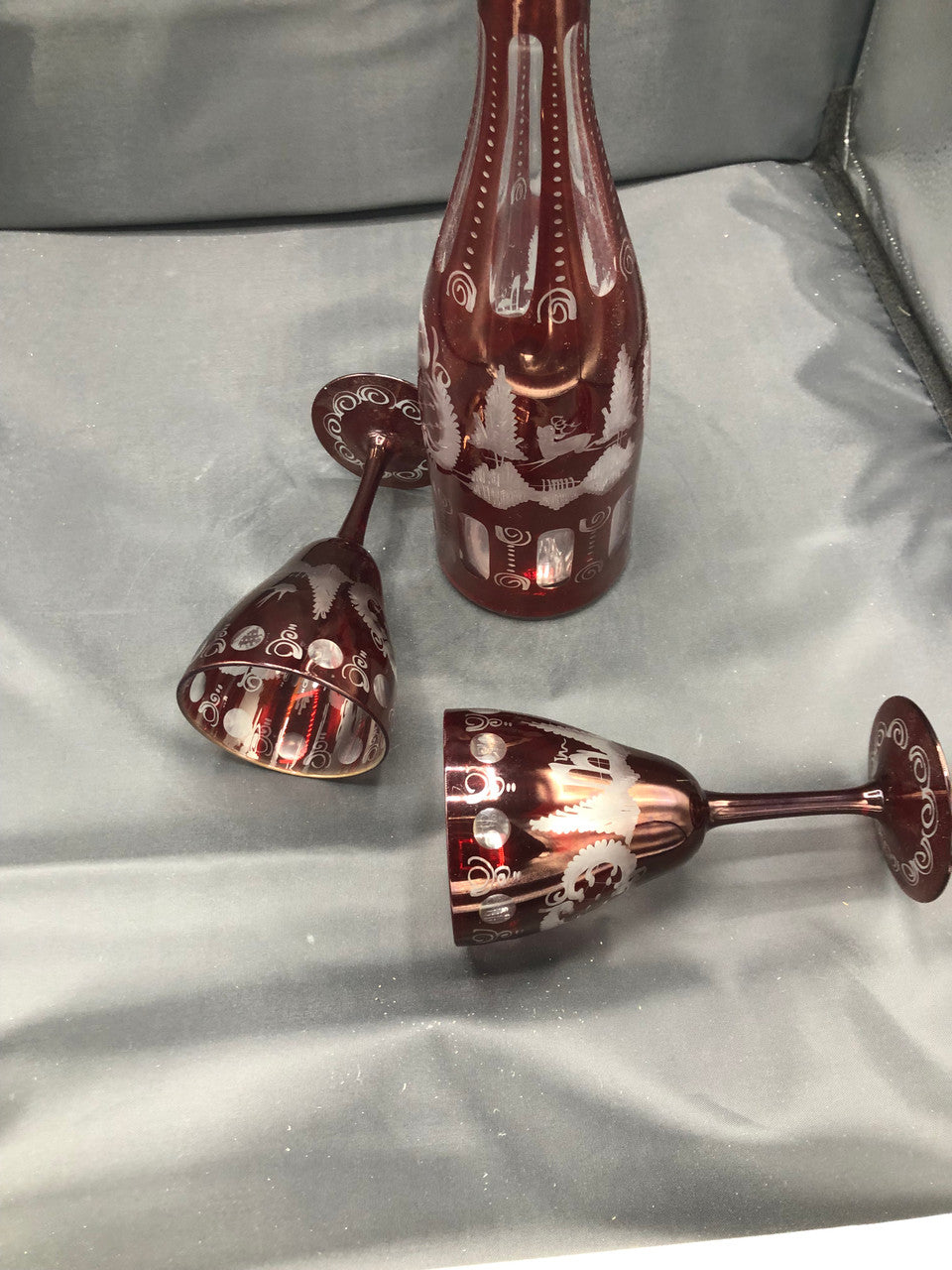 Bohemian Red Cut Glass Decanter w/ stopper & 2 glasses