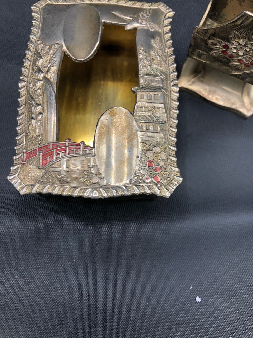 Japan Metal Ashtray & Matchbox Holder
