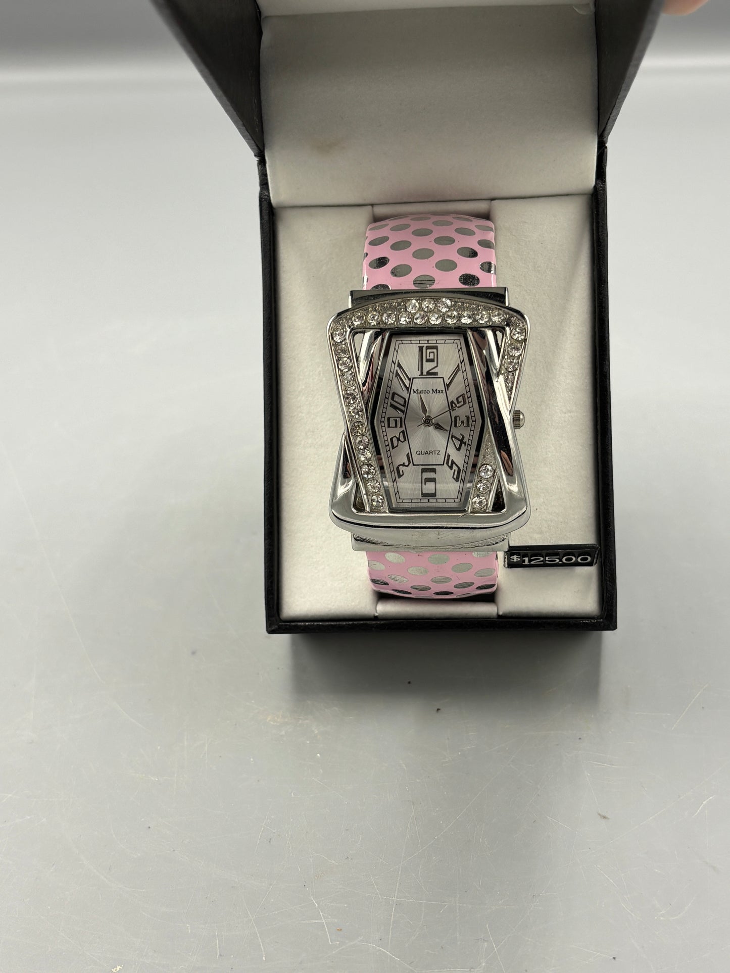 Rhinestone fashion watch with pink polka dot