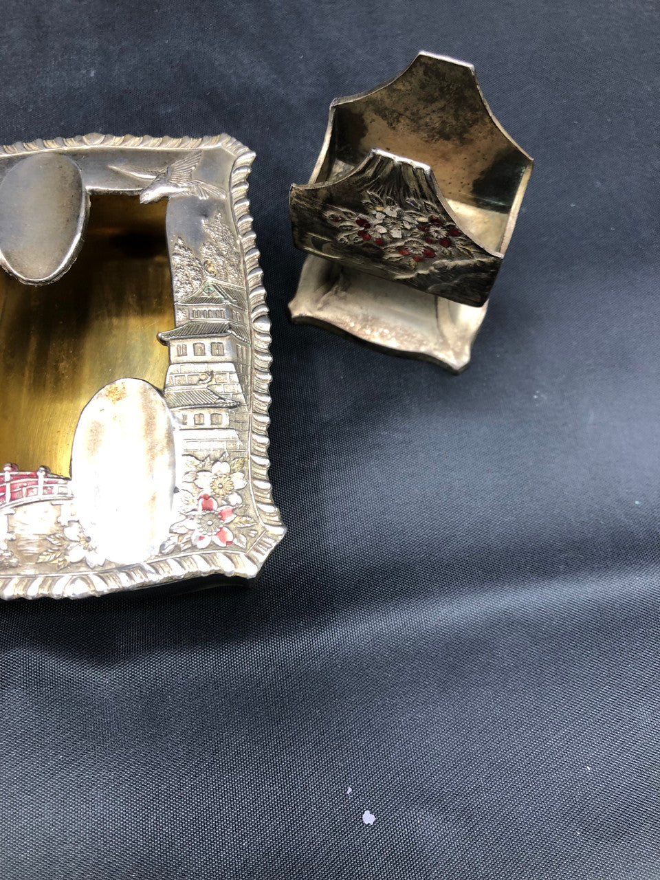 Japan Metal Ashtray & Matchbox Holder