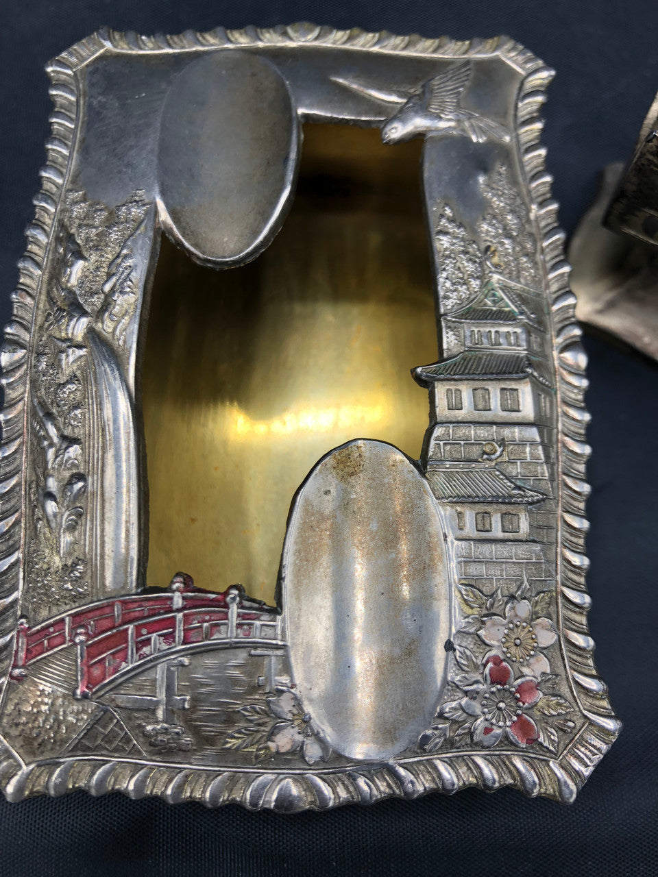 Japan Metal Ashtray & Matchbox Holder