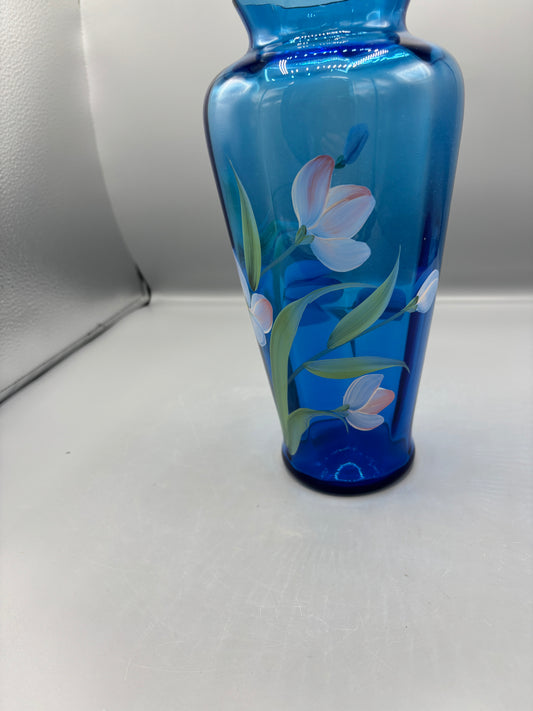 Fenton Twilight blue glass vase with floral design