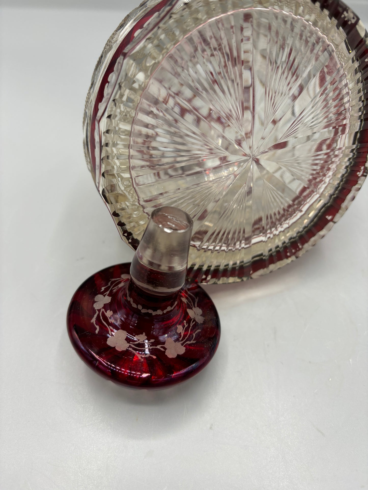Bohemian Ruby cut to clear decanter with stopper