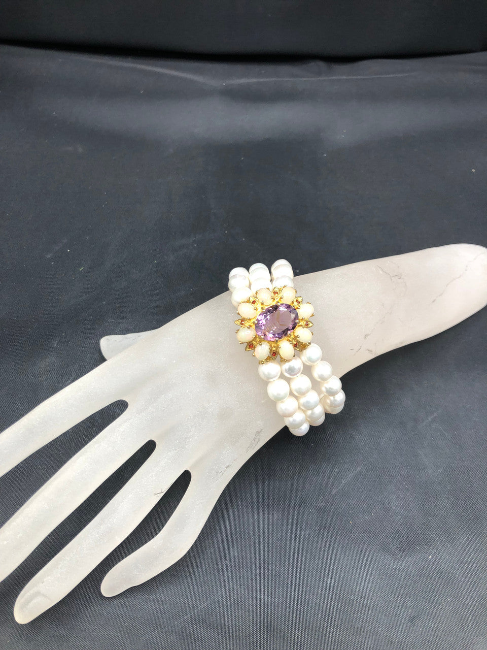 3 Strand Freshwater Pearl Bracelet with Amethyst