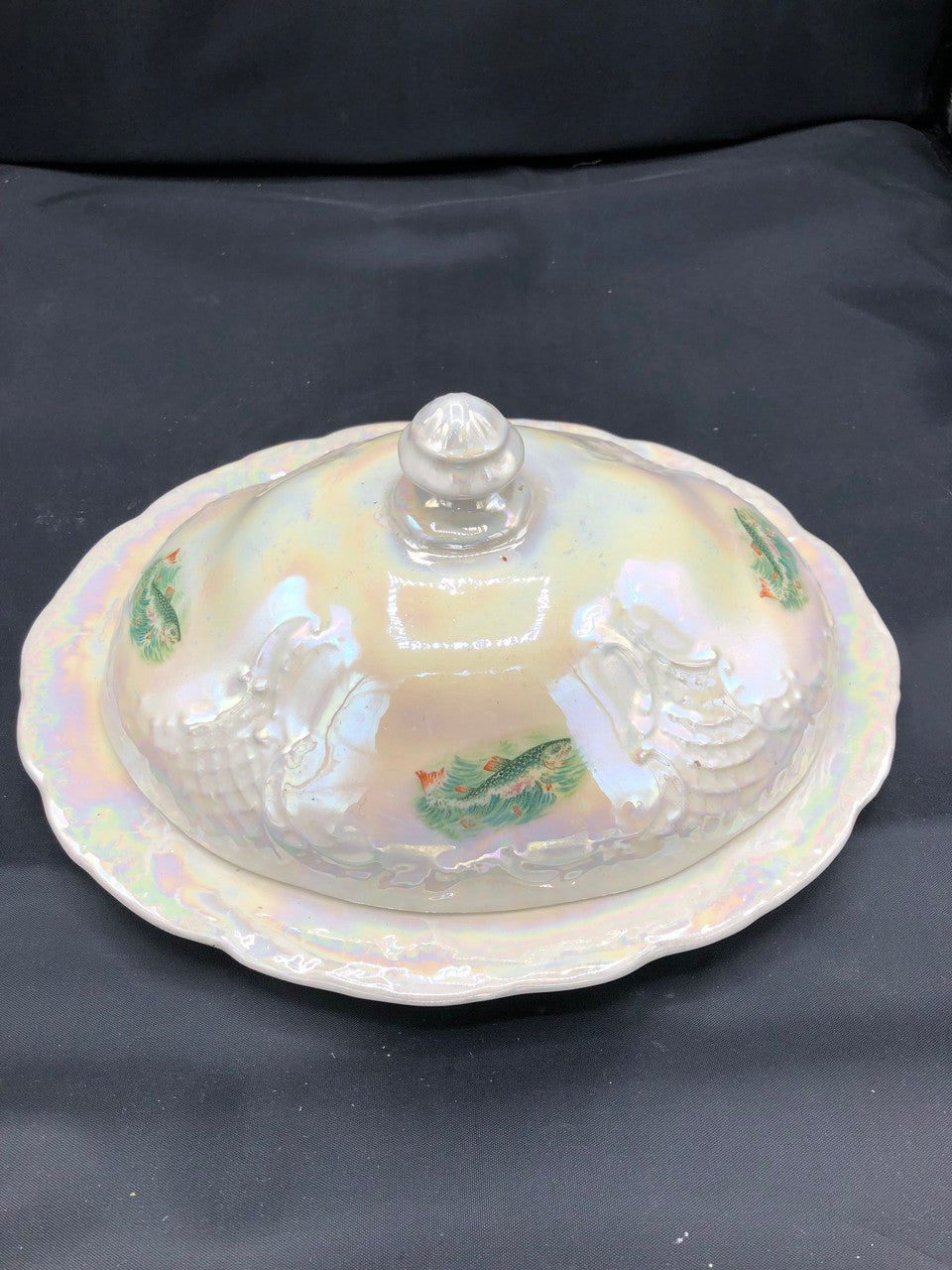 Lusterware fish serving plate with lid