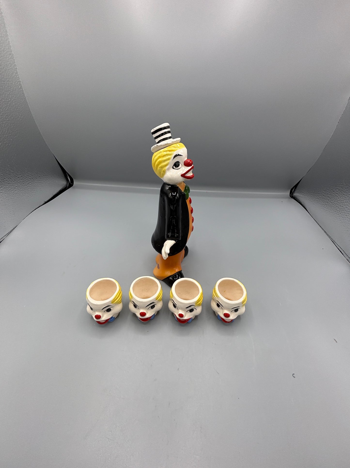 Vintage Clown decanter & 4 cups