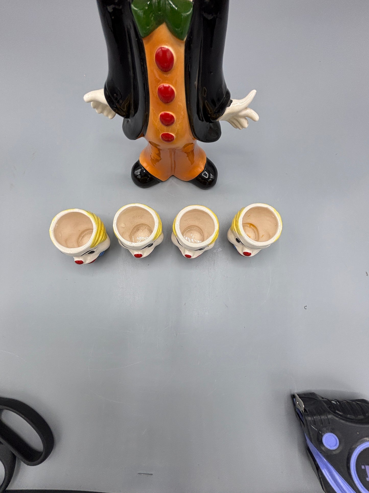 Vintage Clown decanter & 4 cups