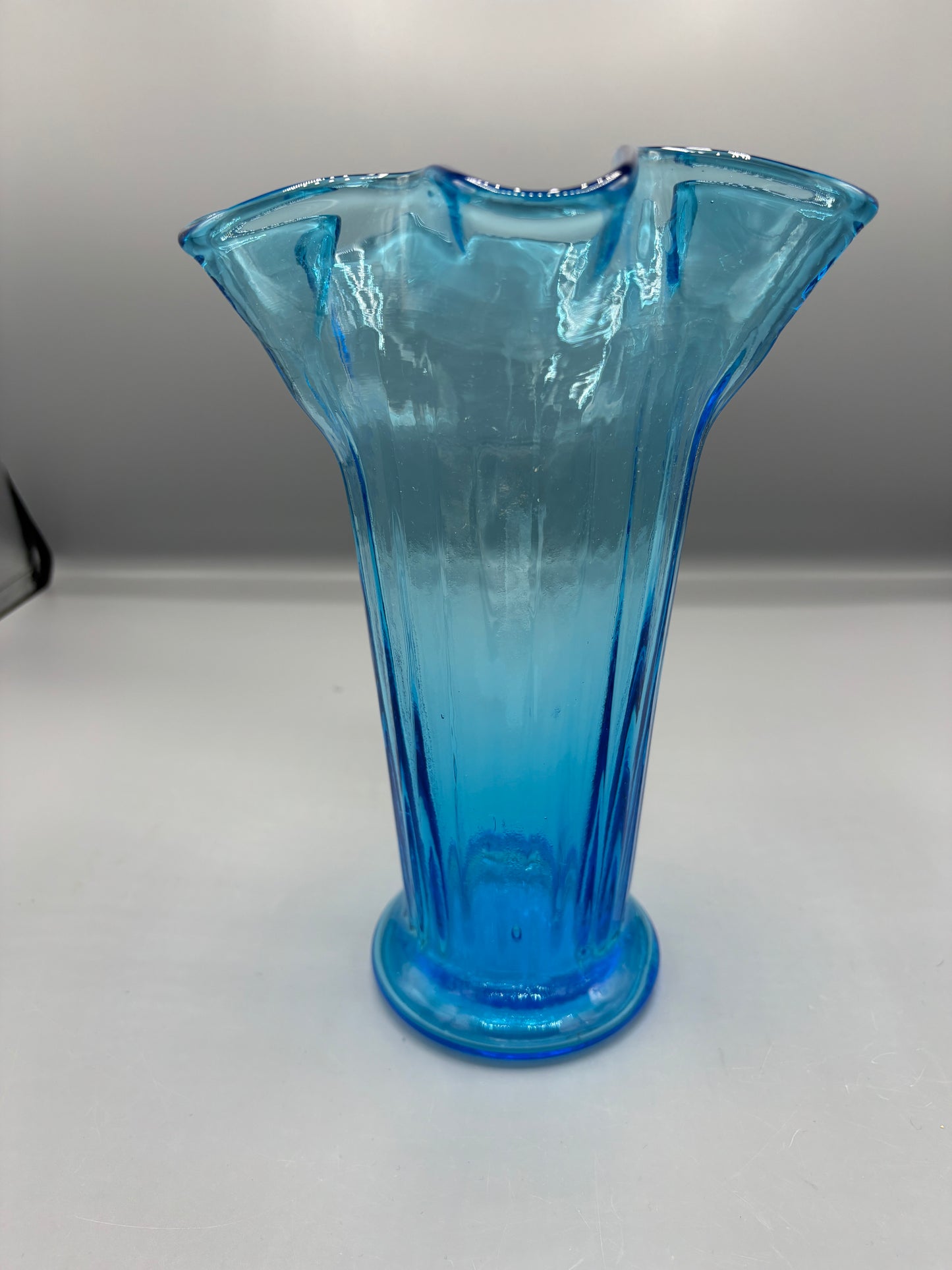 Vintage MCM blue ruffled fluted vase