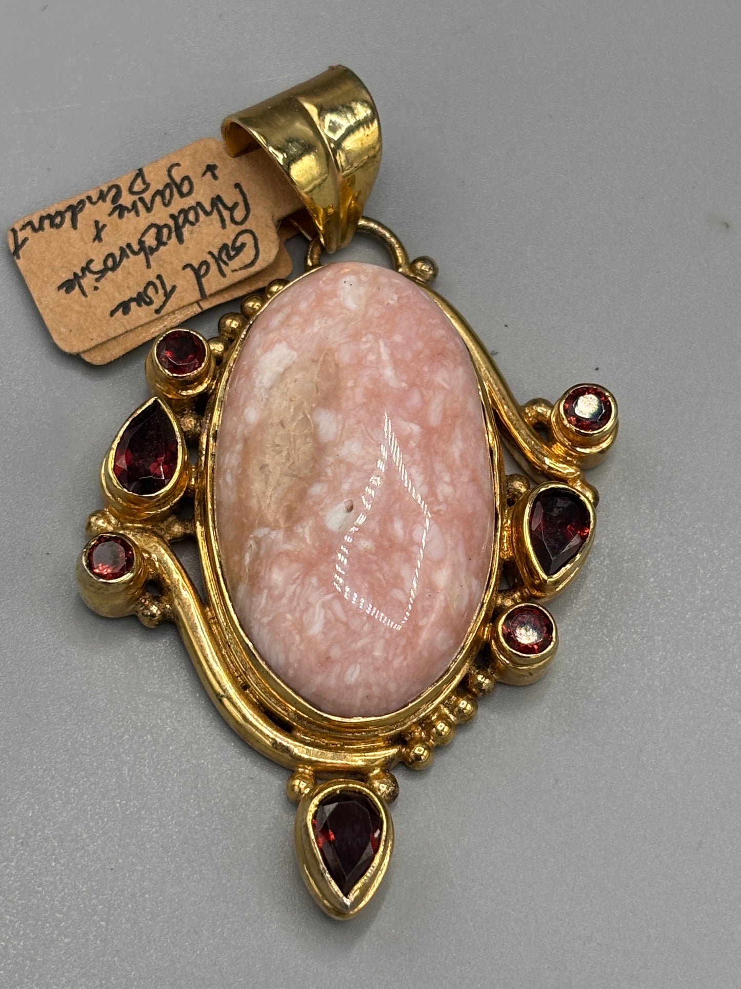 Gold tone Rhodochrosite & Garnet pendant