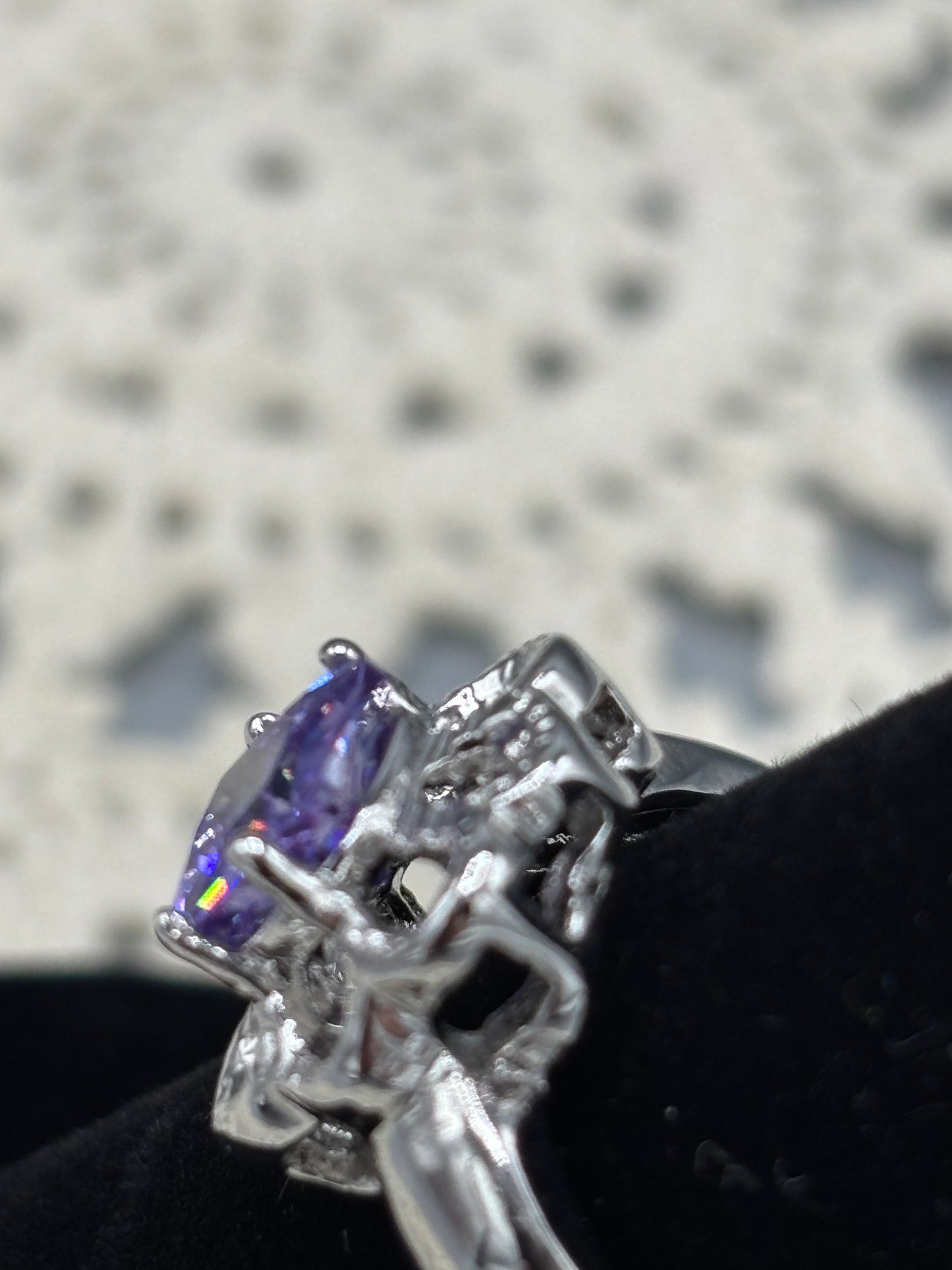 Silver tone Lilac stone ring