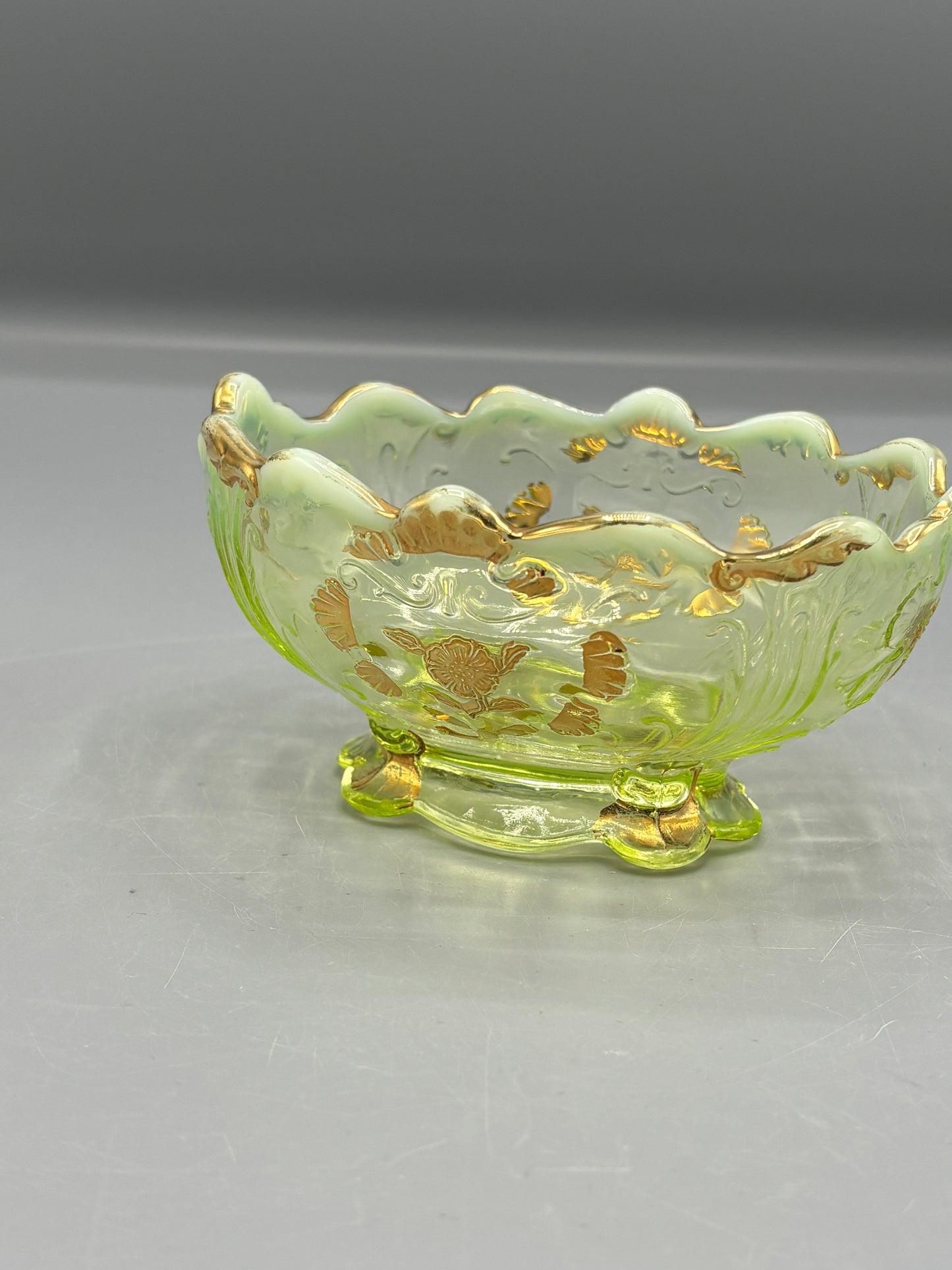 Vintage Vaseline gold trim Opalescent glass bowl
