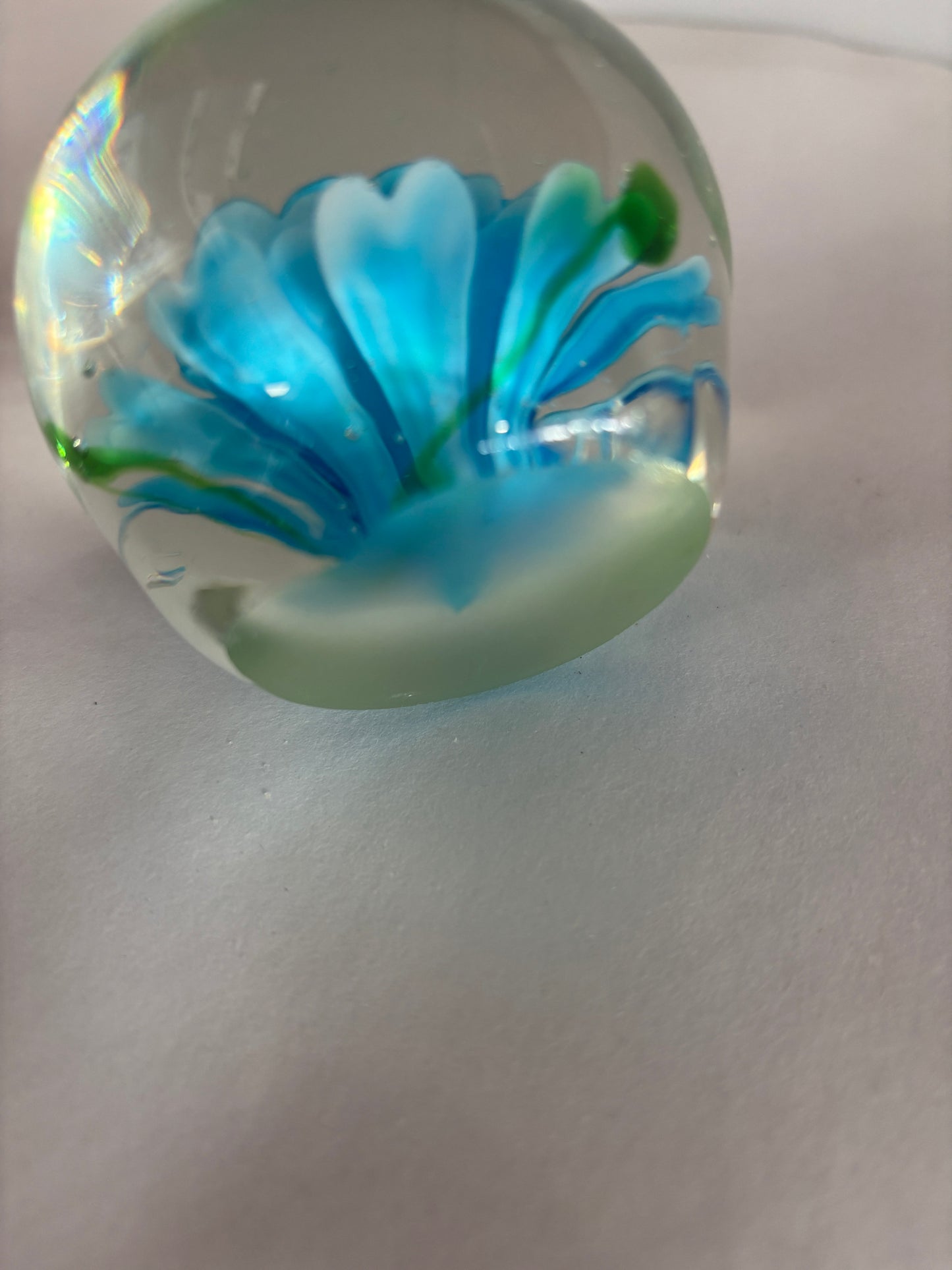 Vintage Art Glass Light Blue Flower Paperweight