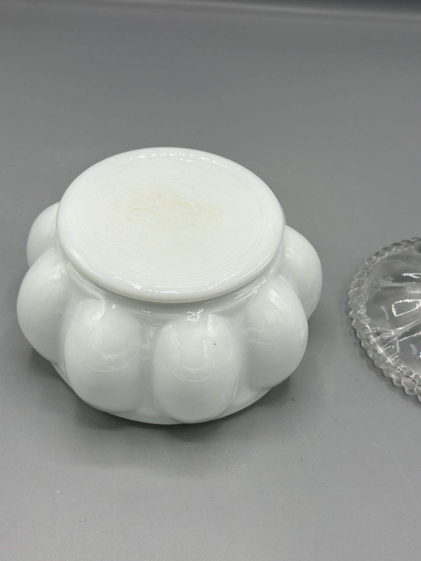 Vintage Fenton silver crest milk glass lidded powder jar with clear lid