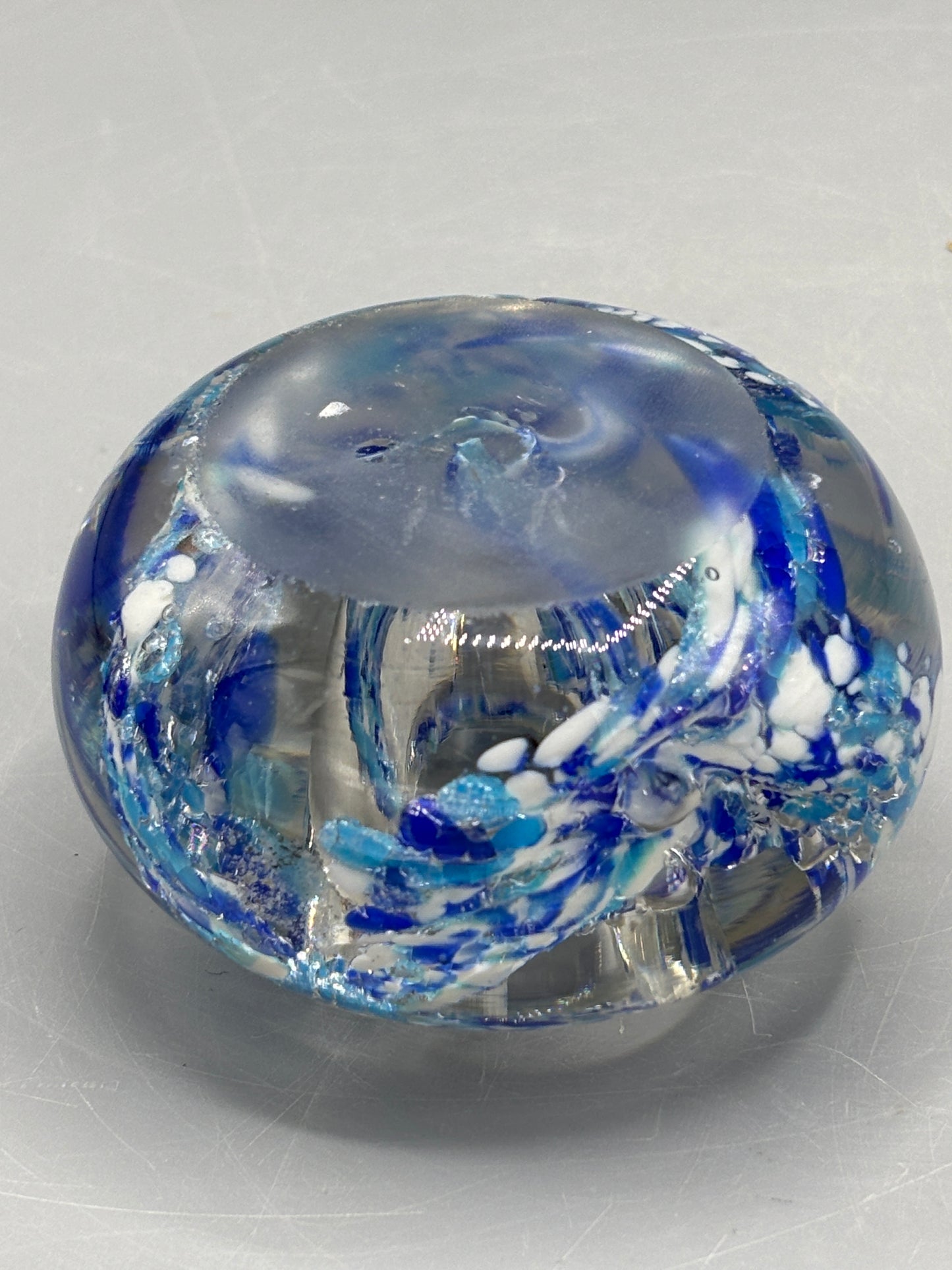 Vintage glass candle holder with blue & white swirls
