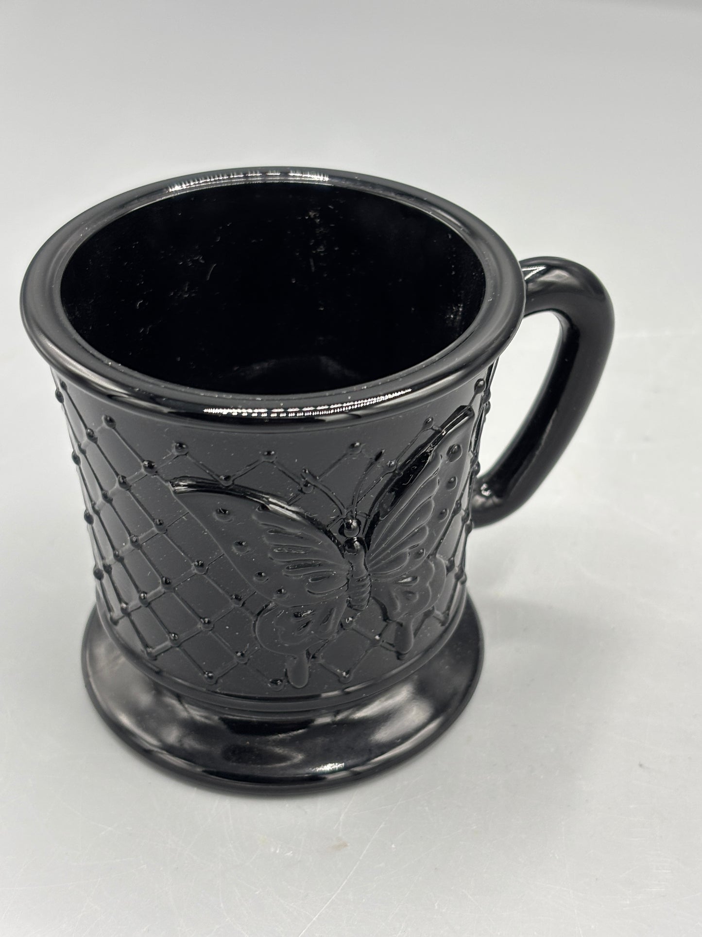 Fenton art glass black butterfly mug