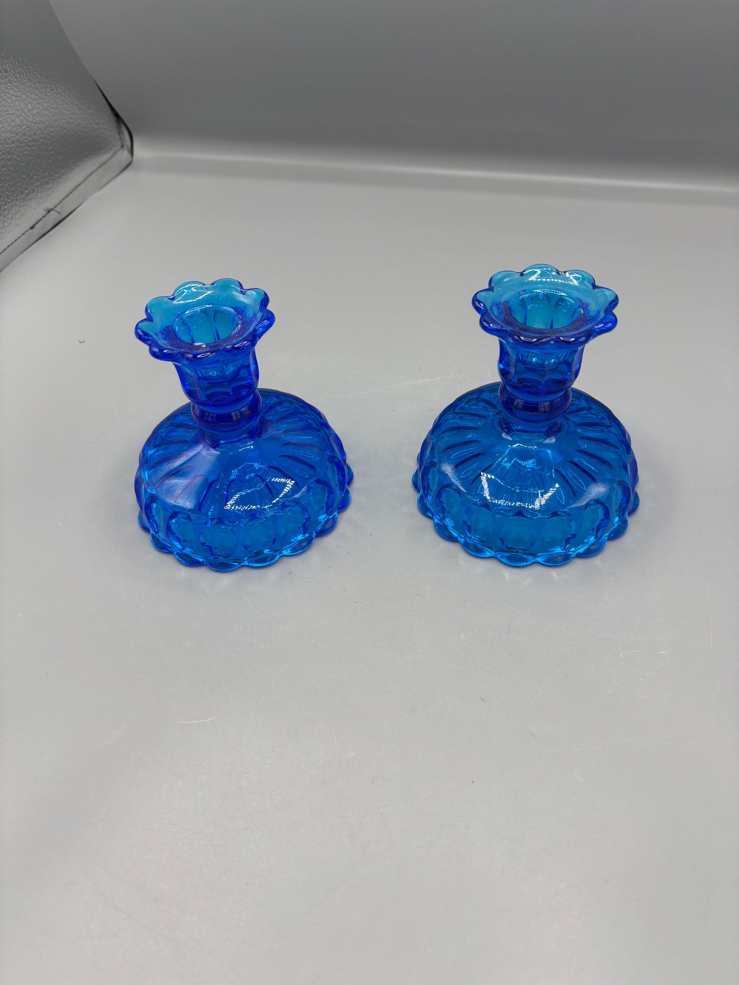 Vintage Fenton Colonial blue thumbprint glass candle holder