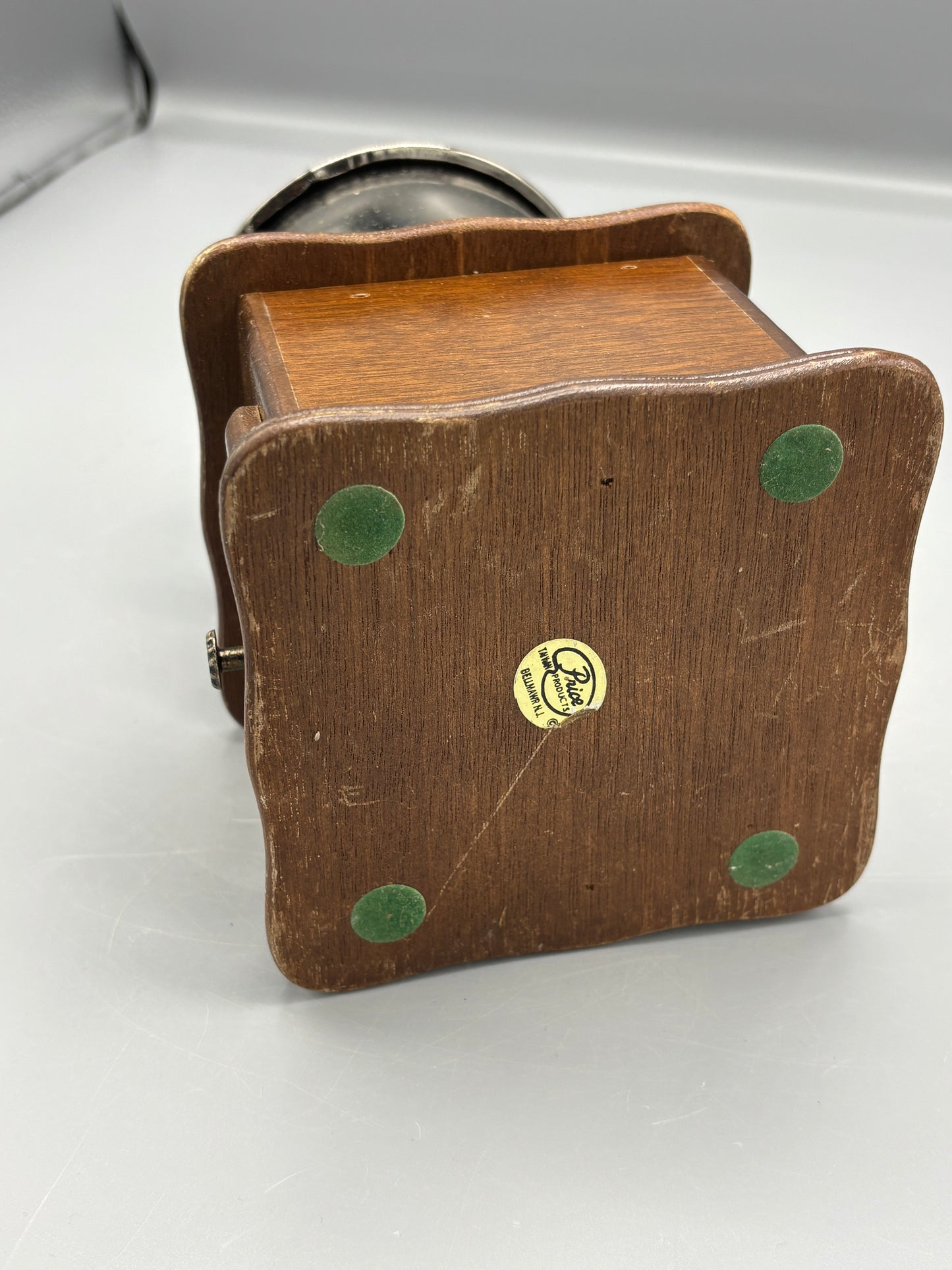 Vintage Manual coffee grinder with wood box base with copper hopper