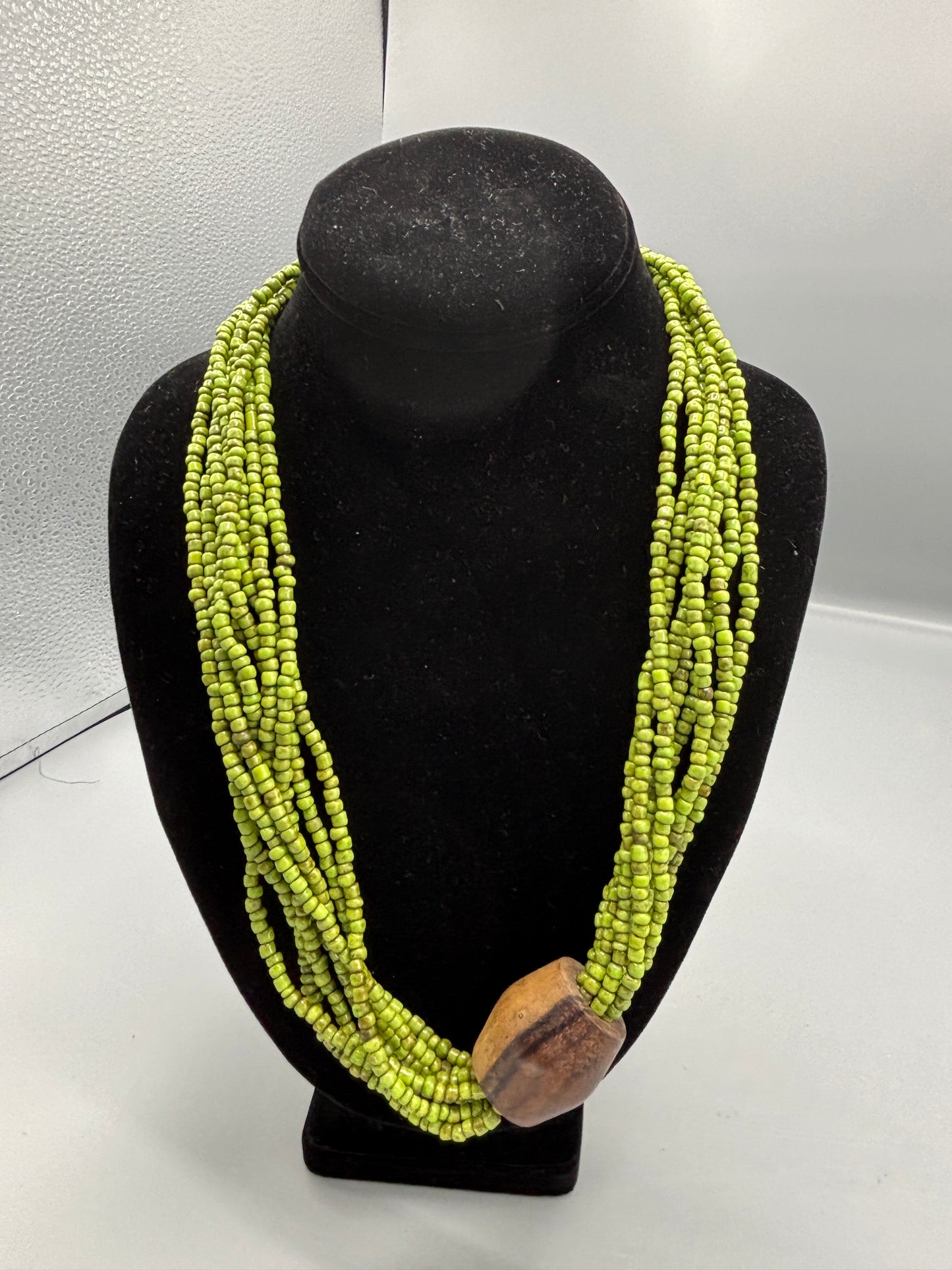 Multi Strand green wood necklace