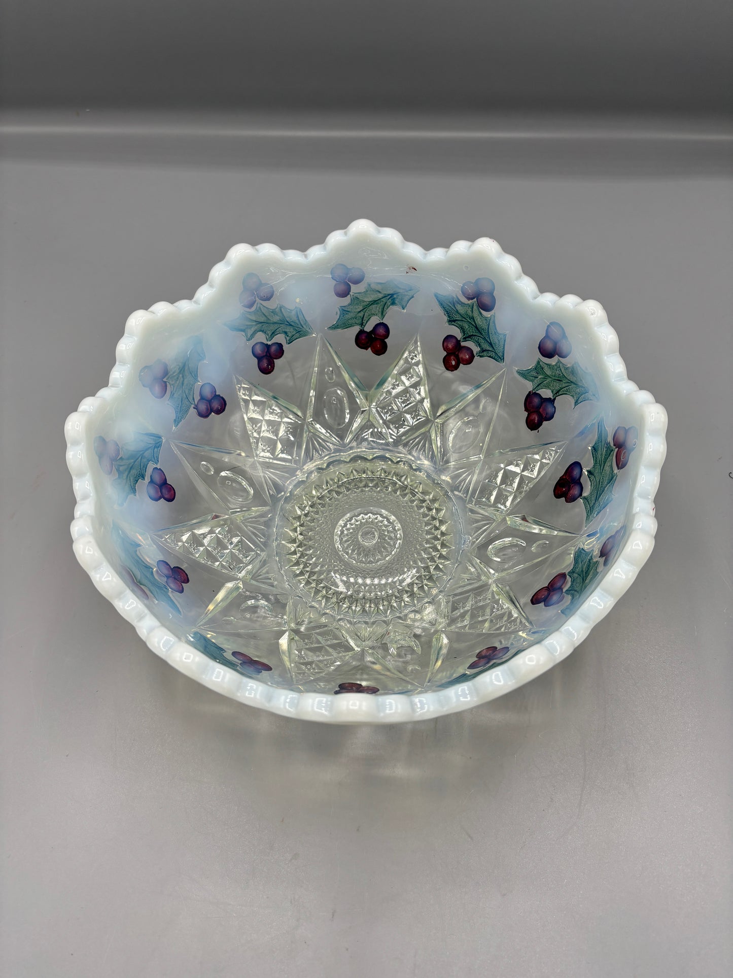 Milk glass to clear bowl Holly & Berry