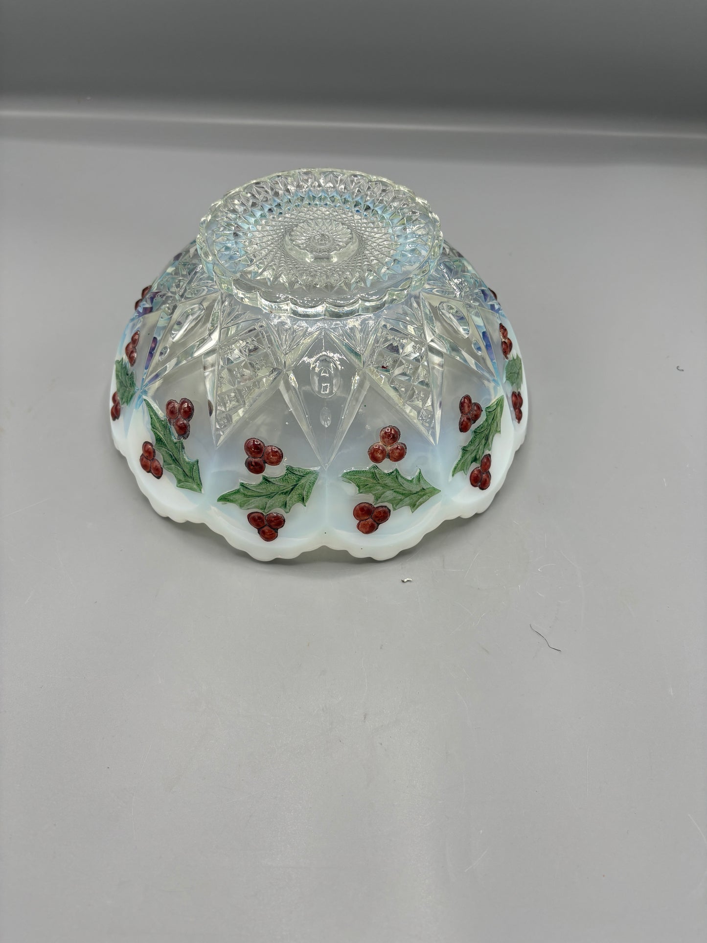 Milk glass to clear bowl Holly & Berry
