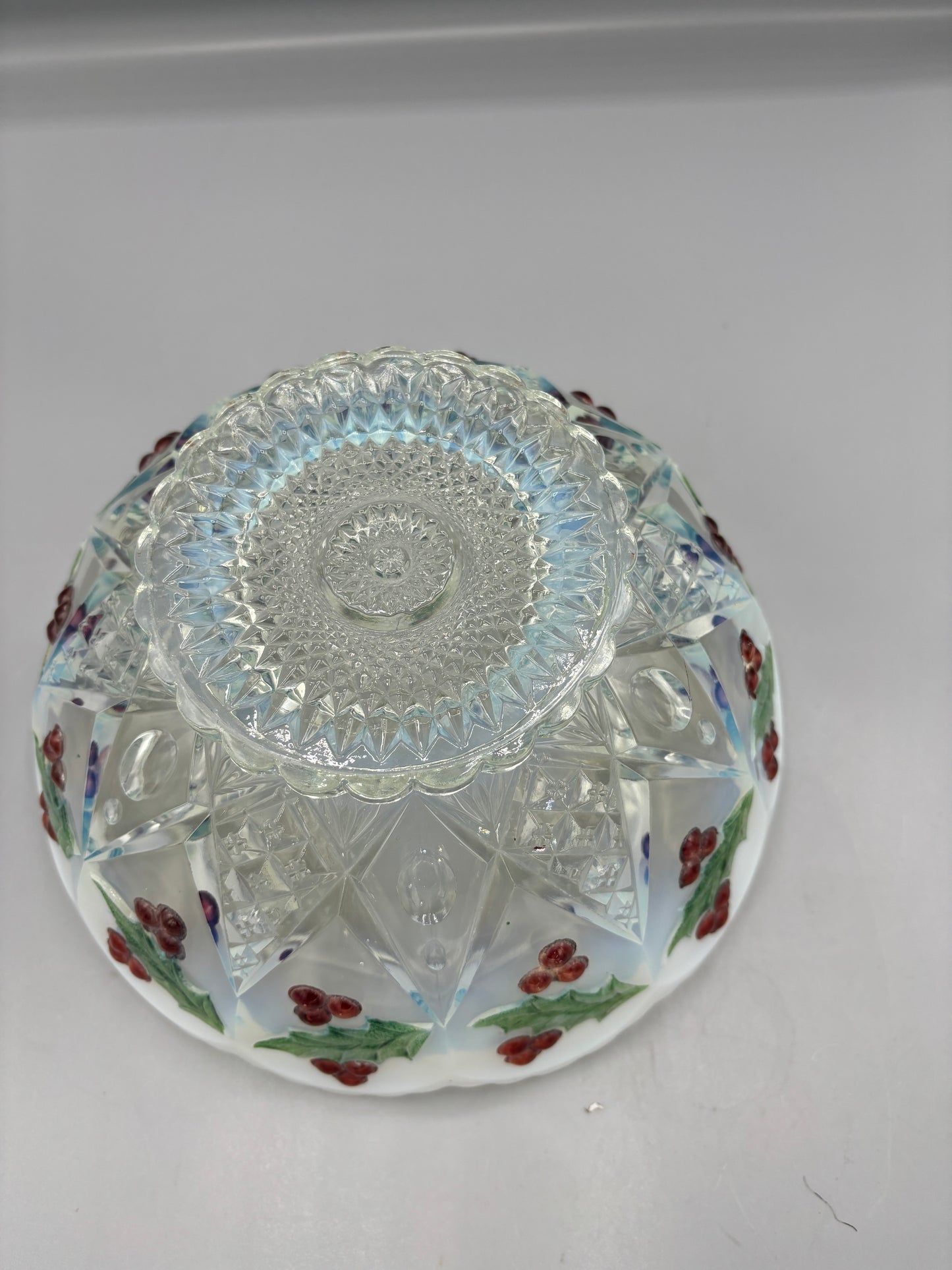 Milk glass to clear bowl Holly & Berry