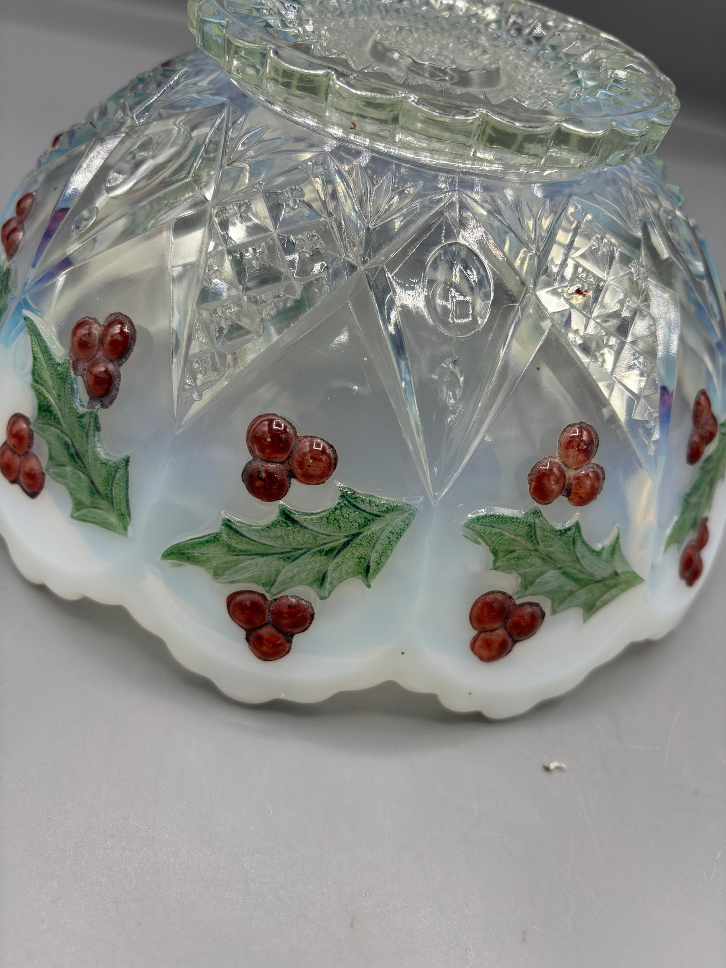 Milk glass to clear bowl Holly & Berry