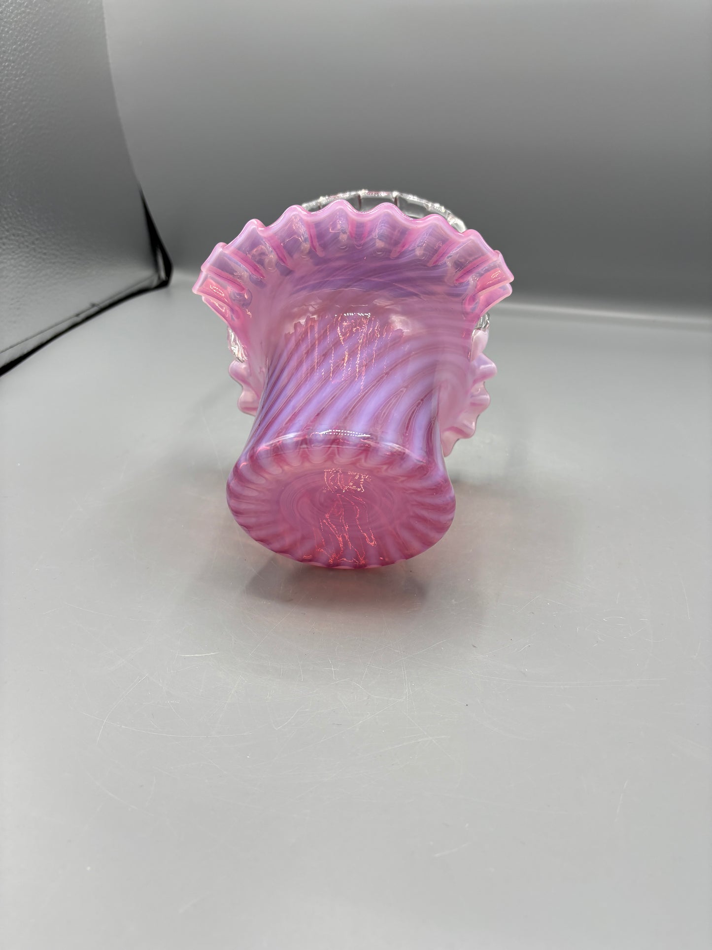 Vintage Fenton art glass Cranberry opalescent swirl basket