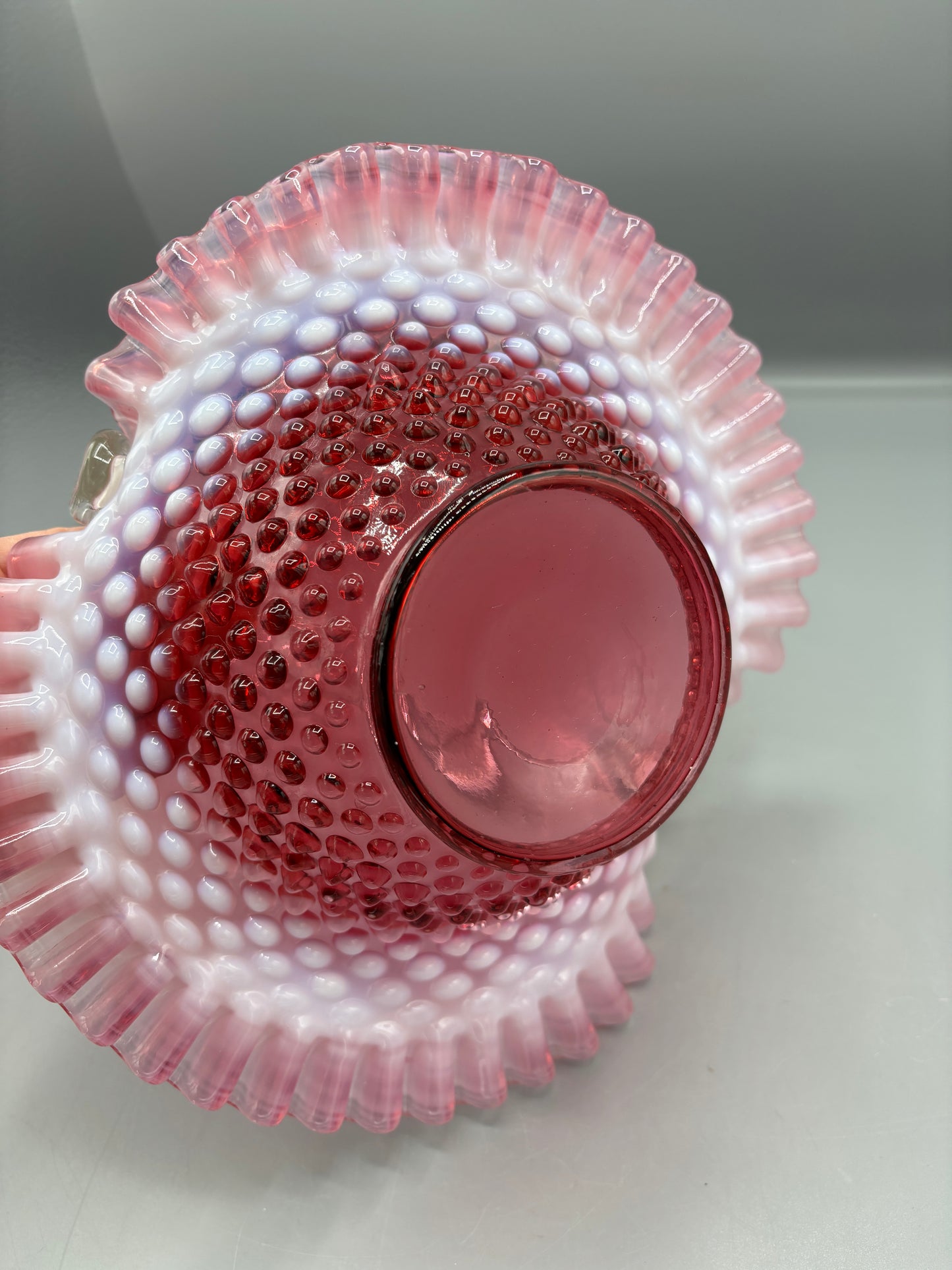 Vintage Cranberry Fenton opalescent hobnail basket