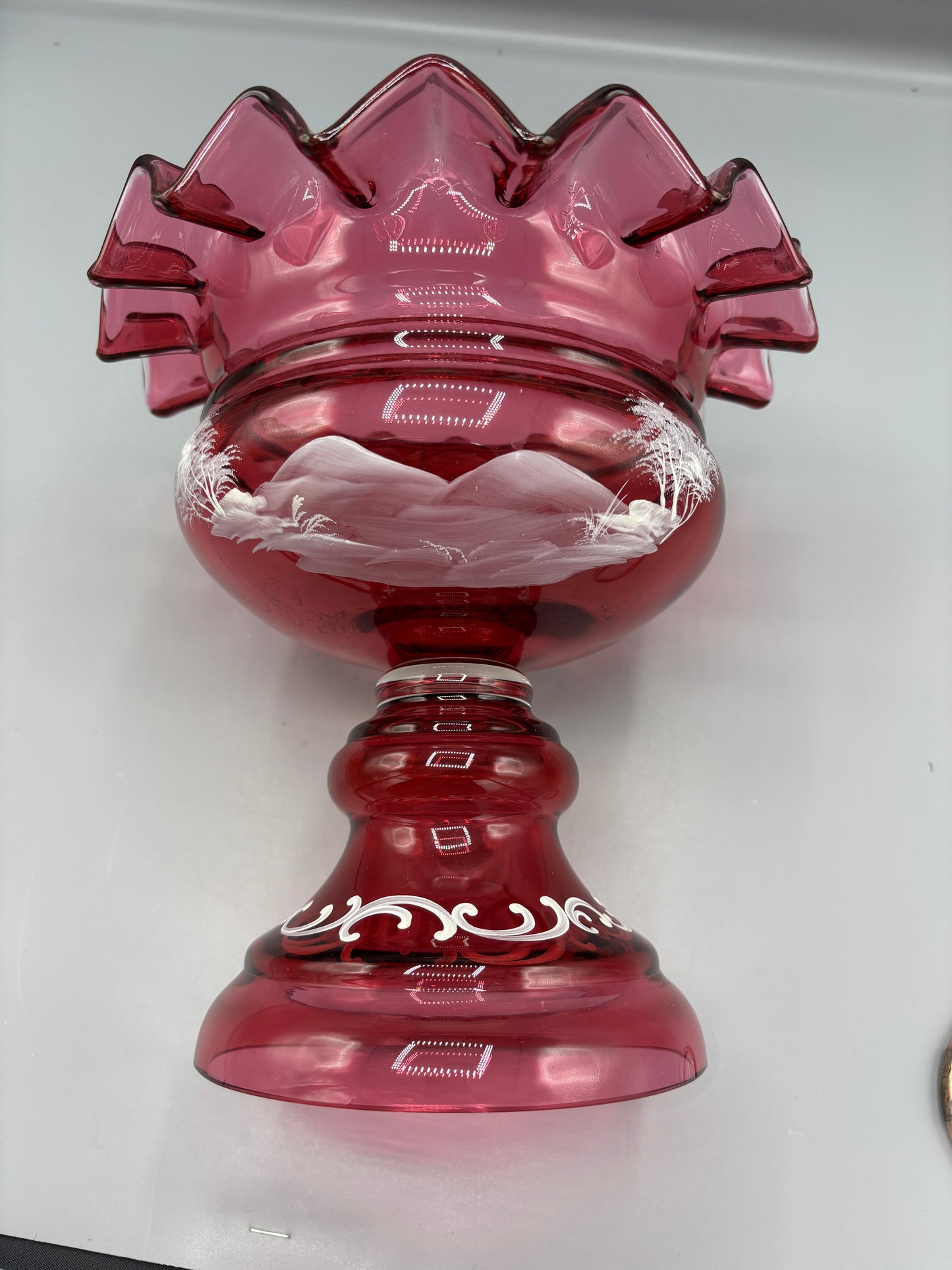 Large Fenton May Gregory cranberry glass pedestal vase