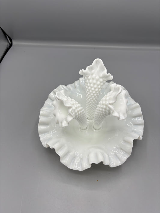 Vintage Fenton milk glass hobnail Epergne with 3 removable horns