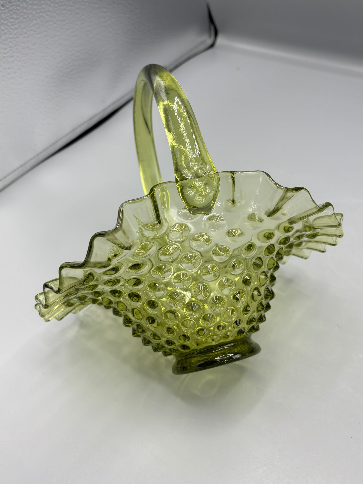 Fenton Colonial green hobnail glass basket