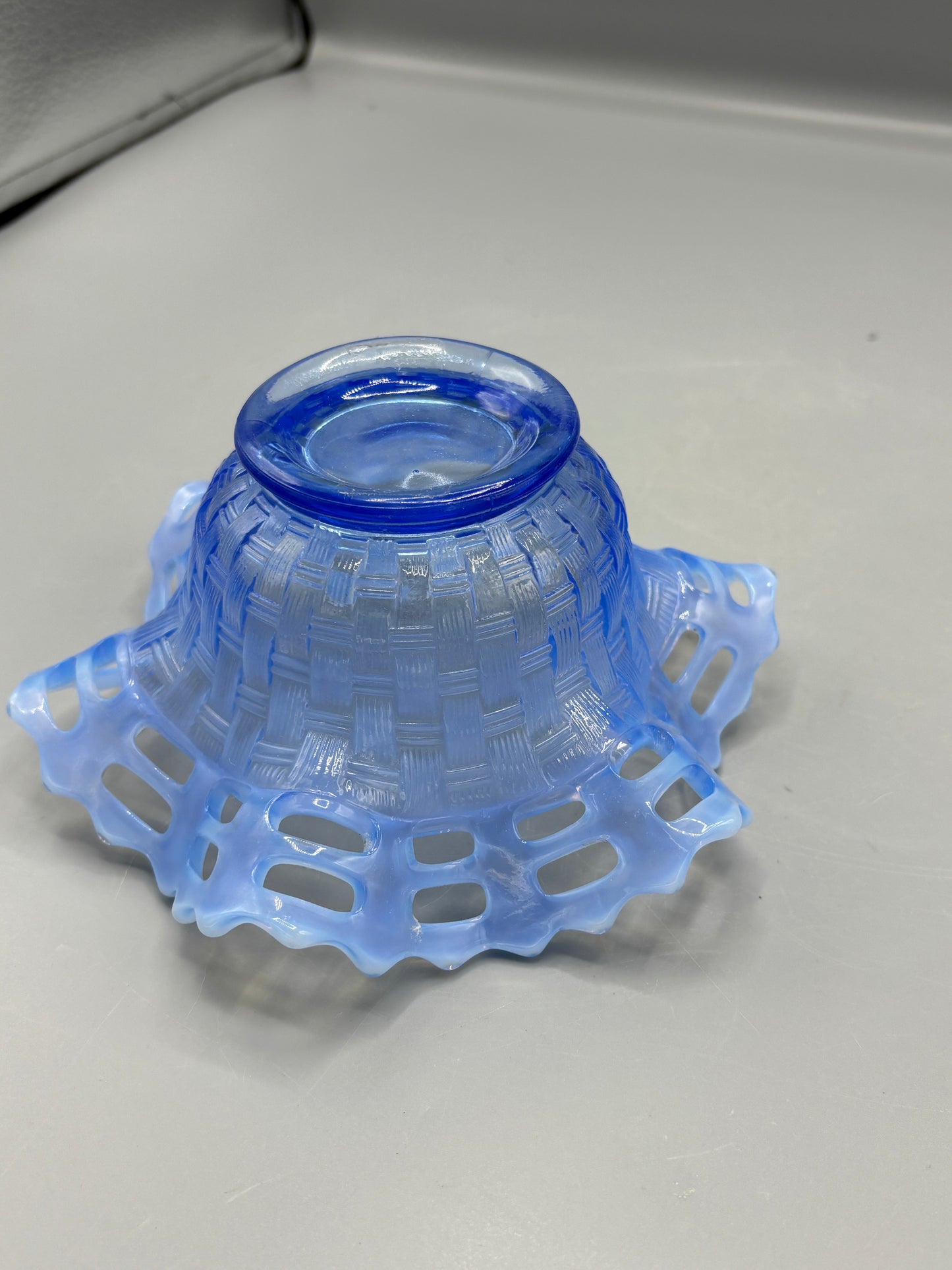 Vintage Fenton opalescent blue glass basket