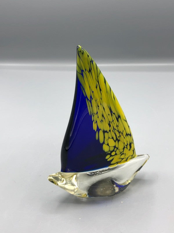 80s blue & yellow art glass boat