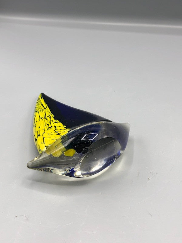 80s blue & yellow art glass boat