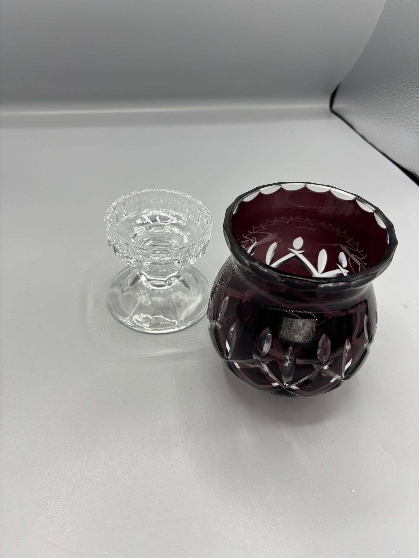 Vintage Amethyst cut to clear Crystal Bohemian votive holder