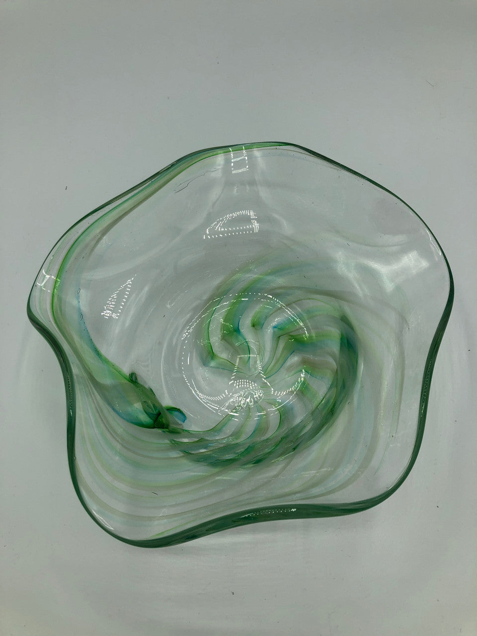 Handblown Green & White Wavy Glass Bowl