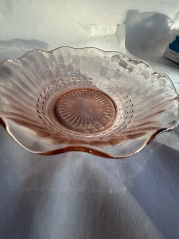 Vintage pink depression candy dish with fluted edge