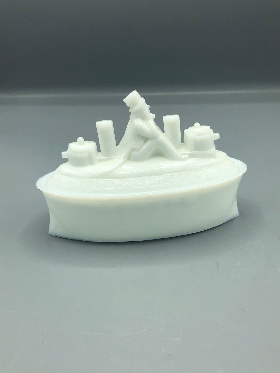 Vintage milk glass Uncle Sam on boat candy dish