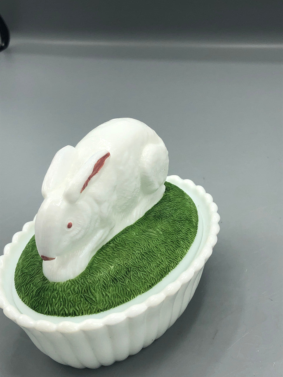 Westmorland milk glass painted rabbit dish