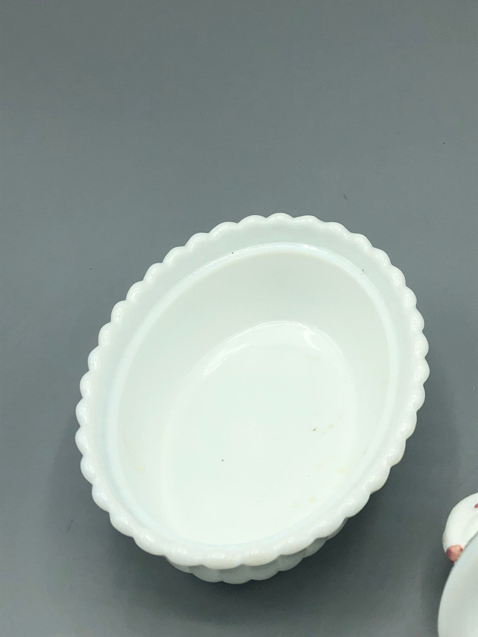 Westmorland milk glass painted rabbit dish
