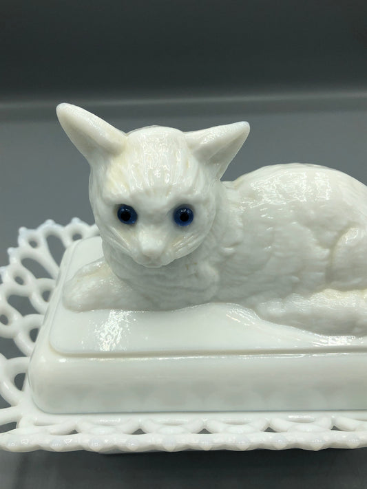 Antique Westmoreland milk glass cat in a basket dish
