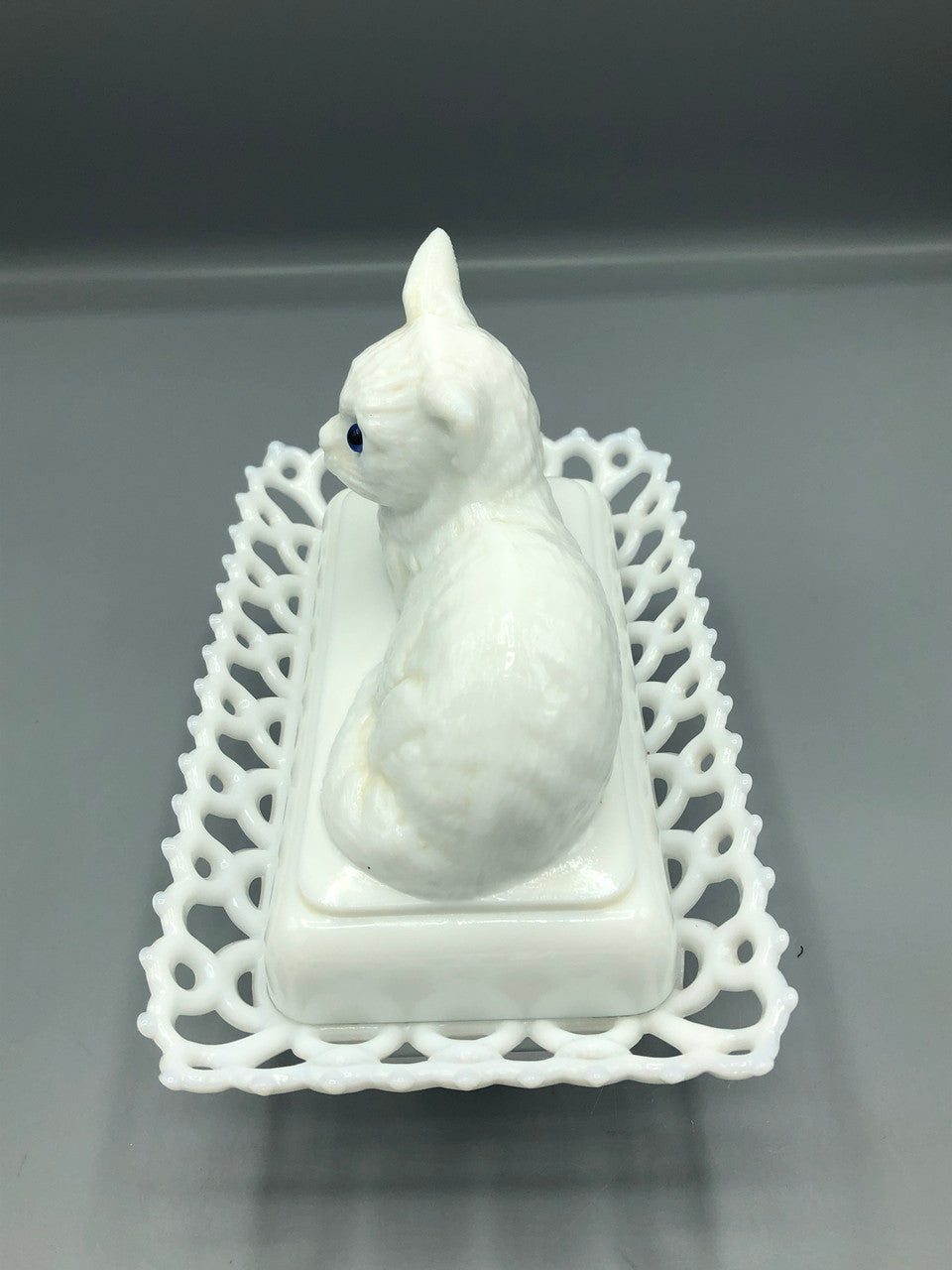 Antique Westmoreland milk glass cat in a basket dish