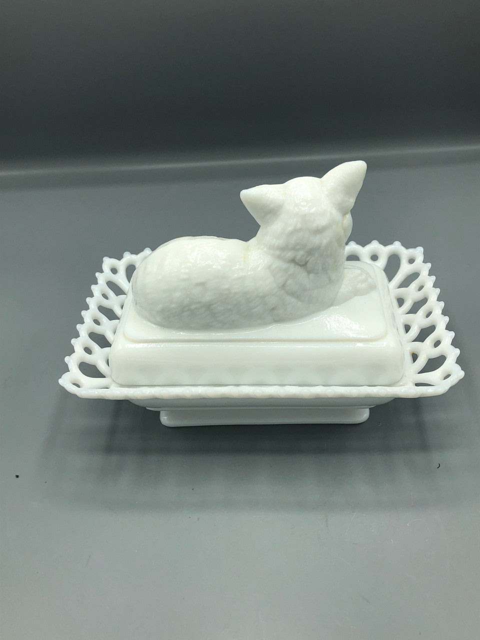 Antique Westmoreland milk glass cat in a basket dish